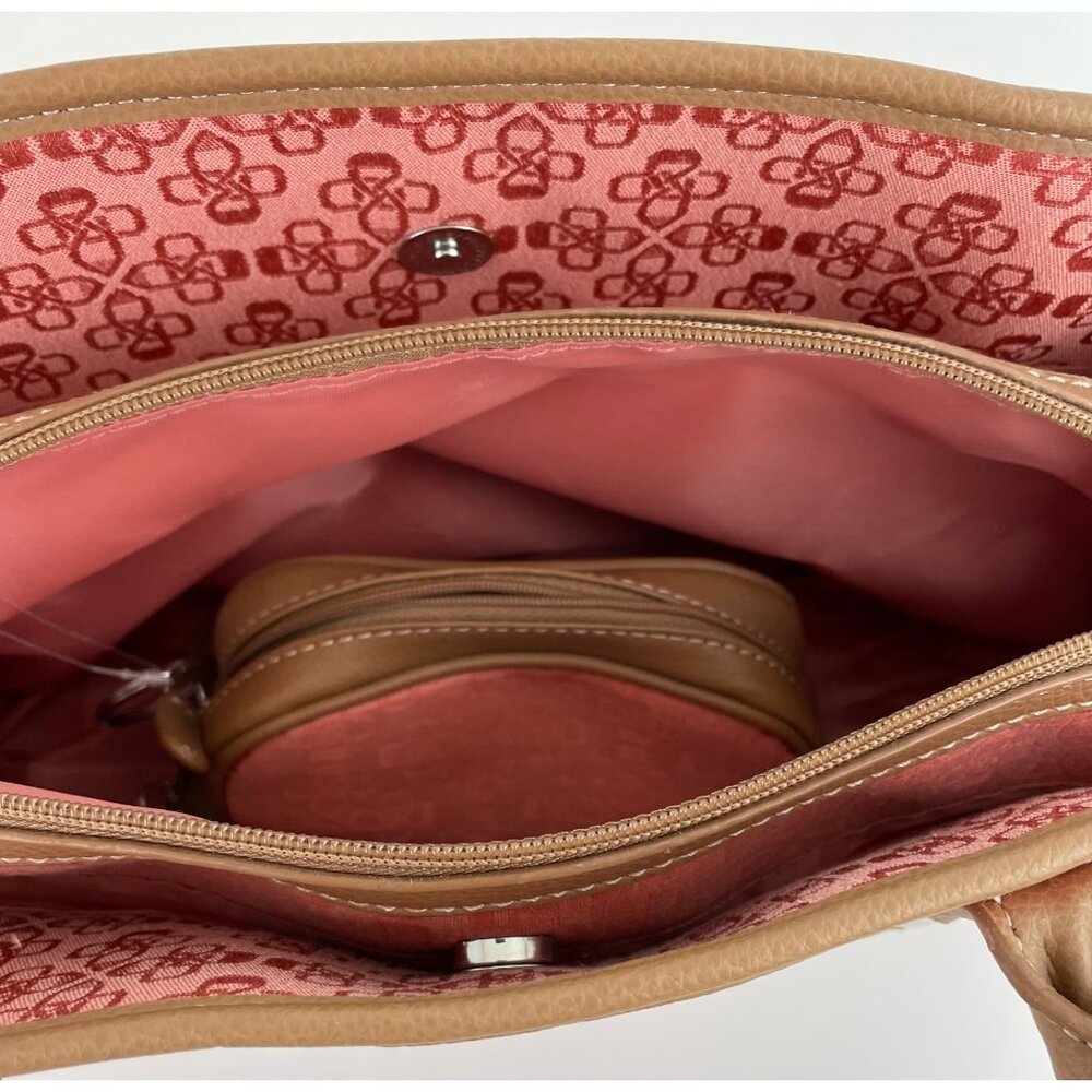 Croft & Barrow Pink Print Canvas Shoulder Bag Tan Faux Leather Handles - Picture 9 of 16